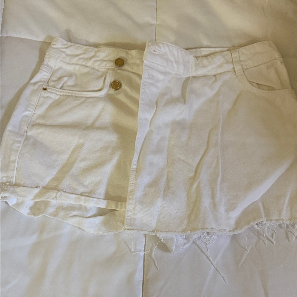 Zara White Denim Mini Skort  with Button Detail